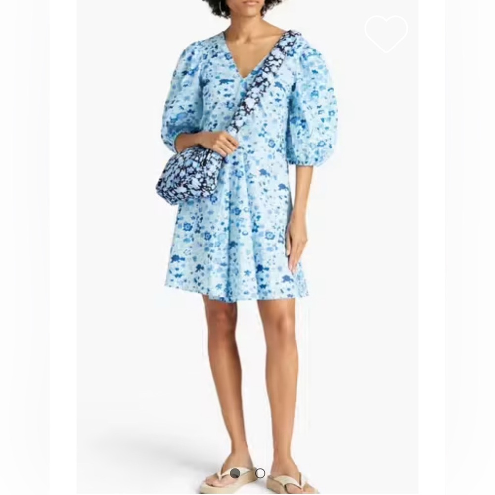 GANNI PRINTED COTTON-POPLIN MINI DRESS BLUE